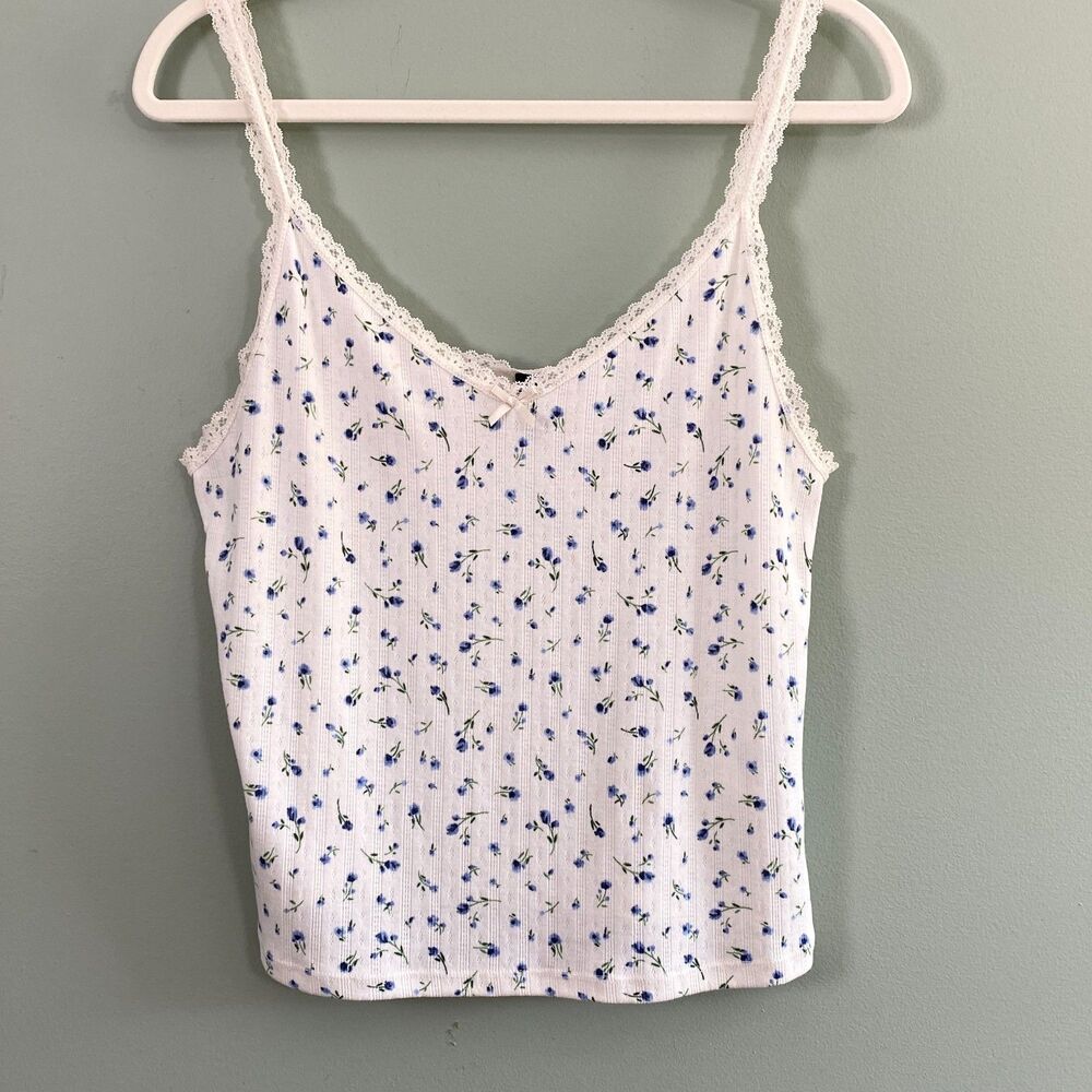 Divided Lace Trimmed Tank Top Womens XL Floral Cropped Bow Y2K Stretch